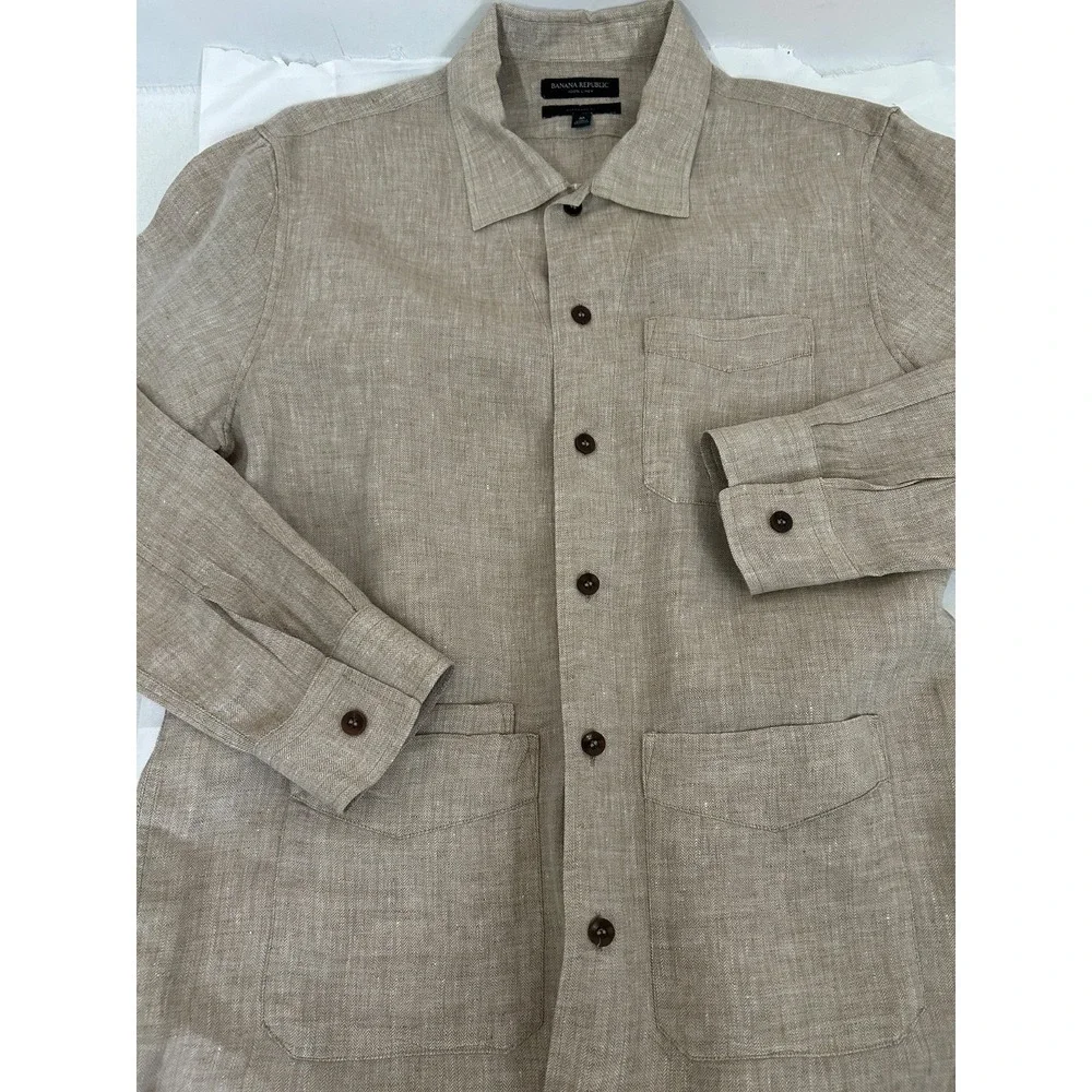 Banana Republic Mens Linen Herringbone Chore Shirt Jacket Beige Utility Sz M